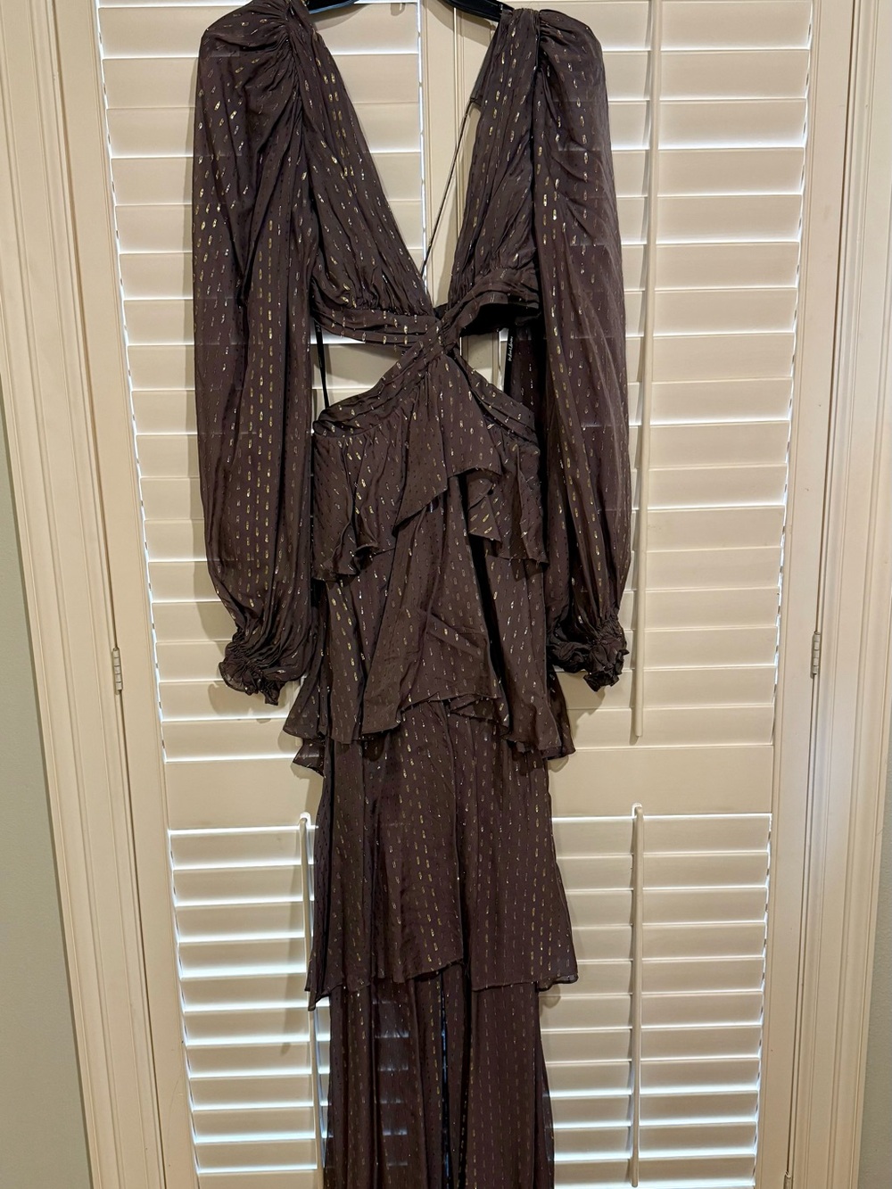 For Love & Lemons Taupe Maxi Dress with Gold Dot Detail - Picture 6 of 7